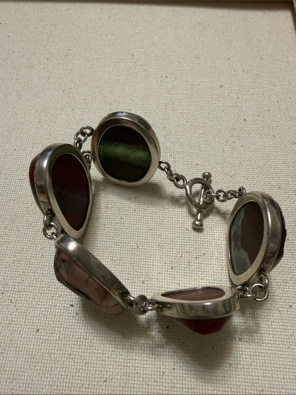 Beautiful Rare Find Sterling Silver 925 Multi-Stone Jasper Link Bracelet 7.5 in